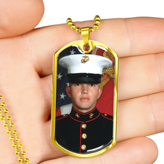Necklace with Engraving text and photo image, a perfect gift for Veterans and Memorial Day.